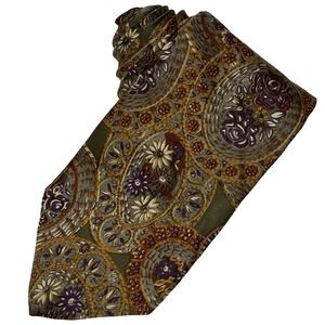 Vintage Allen Solly Silk Necktie Tie Green Purple Paisley Floral Medallion Print